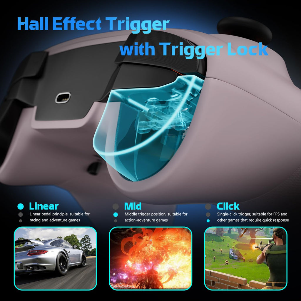 Wireless PC Controller with Hall Effect Joysticks & Triggers, 1000Hz Polling Rate, Trigger Locks, Bluetooth Pro Gaming Controller for PC/Steam/Luna/Tesla - 4 Macros and Turbo, Dynamic RGB, Pink