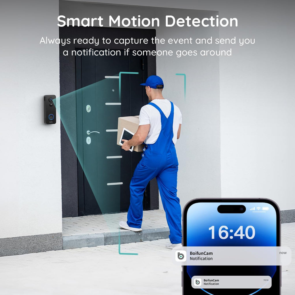 BOIFUN Doorbell Camera Wireless – No Subscription Required, 180° Ultra Wide-Angle, 2K FHD, AI Detection & Alert, HDR Night Vision, Two-Way Audio & Battery Video Doorbell with Chime, 2.4 GHz Wi-Fi Only
