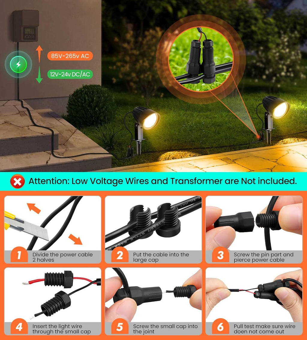 MEIKEE 7W LED Landscape Lights, 12V/24V Low Voltage Landscape Lighting IP66 Outdoor Spotlights Warm White Garden Lights with Connectors for Pathway Yard Patio 12 Pack