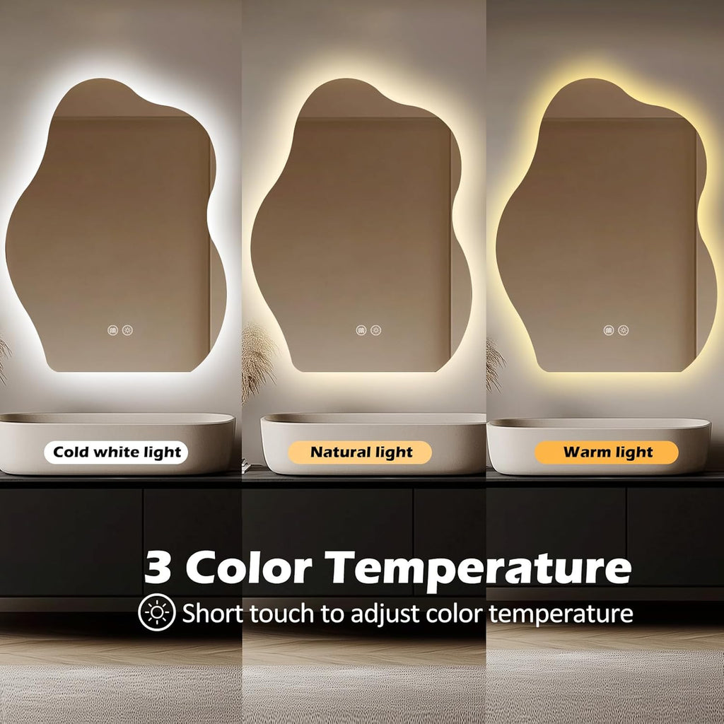 LED Bathroom Mirror with Lights 24x32, Stepless Dimmable Irregular LED Mirror with 3 Colors, Anti-Fog, Memory, Al-Alloy Lampshade, Frameless Makeup Mirror for Bathroom (Vertical Only)
