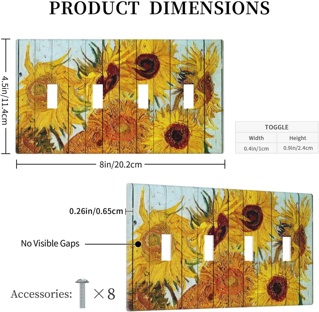 Light Switch Covers Sunflowers Oil Paintings Wood Floral Quad Toggle Electrical Faceplate 4 Gang Wall Plate Decorative Switch Plates For Farmhouse Bed Room Decor