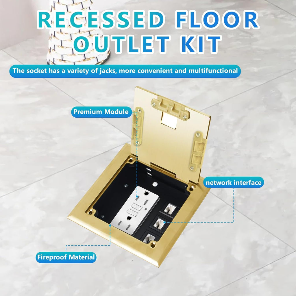 KYHSHJ Recessed Flat Hidden Socket Kit with 2 * 15 Amp Stainless Steel GFCI Tamper Receptacle Outlet+3-Port RJ45 Datacom Receptacle. Internal Height Adjustable，Corrosive Resistant Hardware，Brass