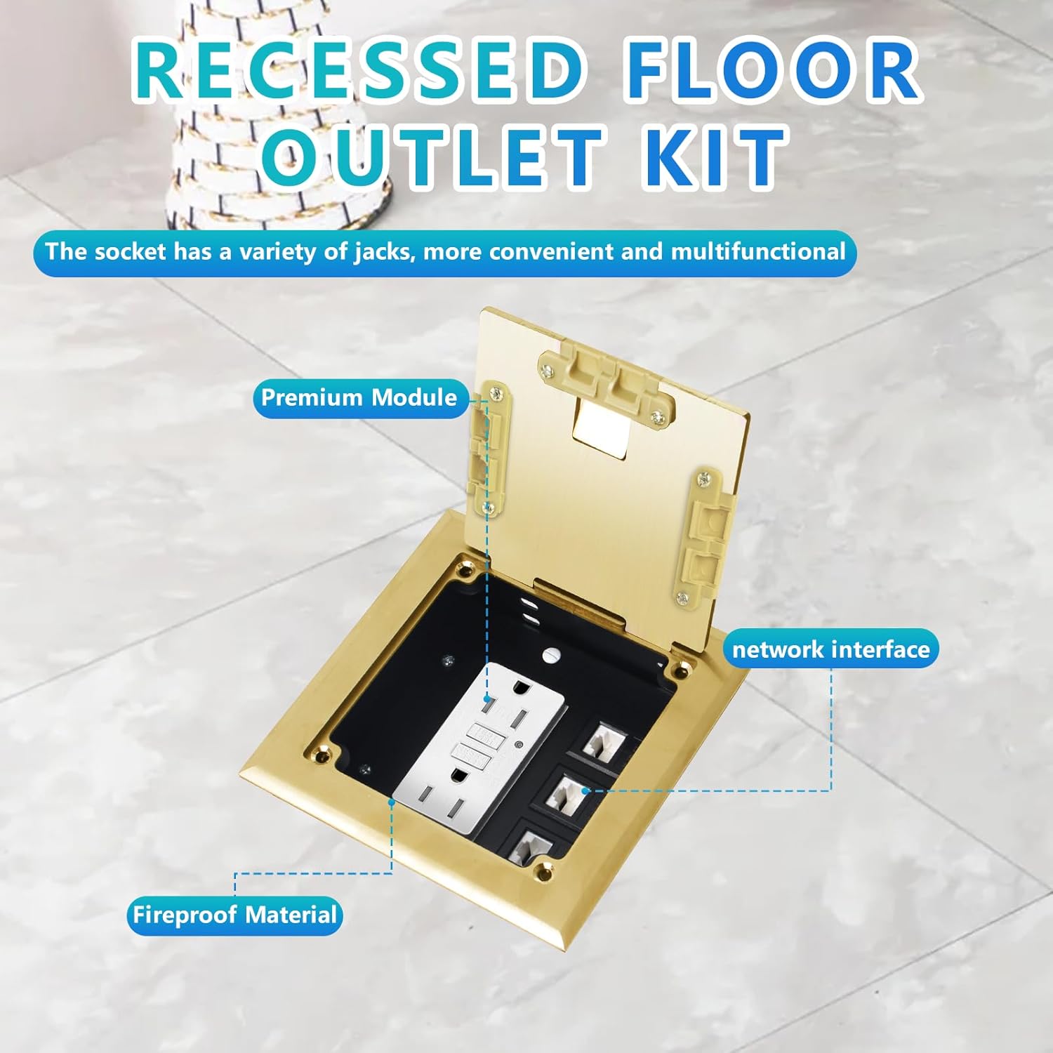 KYHSHJ Recessed Flat Hidden Socket Kit with 2 * 15 Amp Stainless Steel GFCI Tamper Receptacle Outlet+3-Port RJ45 Datacom Receptacle. Internal Height Adjustable，Corrosive Resistant Hardware，Brass