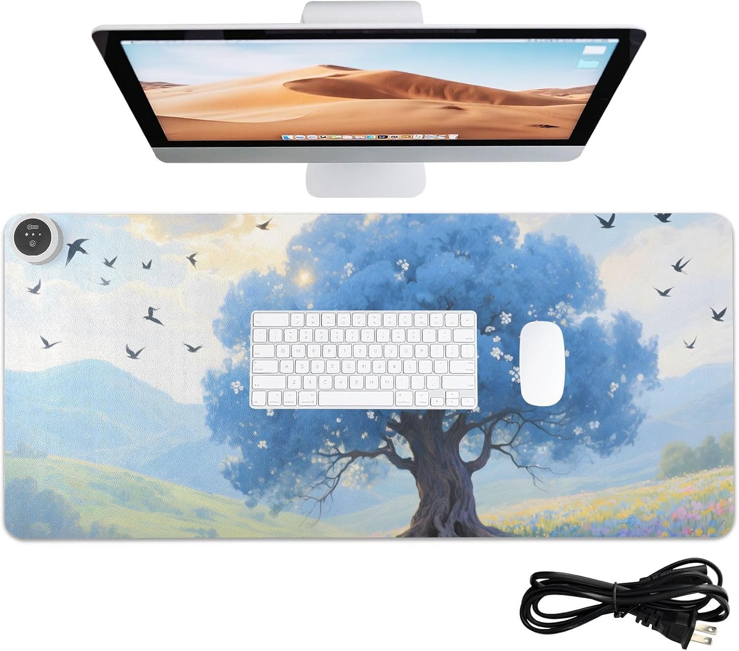 Large Heated Mouse Pad,Leather Desk Mat,31.5"x13",Hand Warmer Pads for Desk,Scenery Tree Flower(Blue)