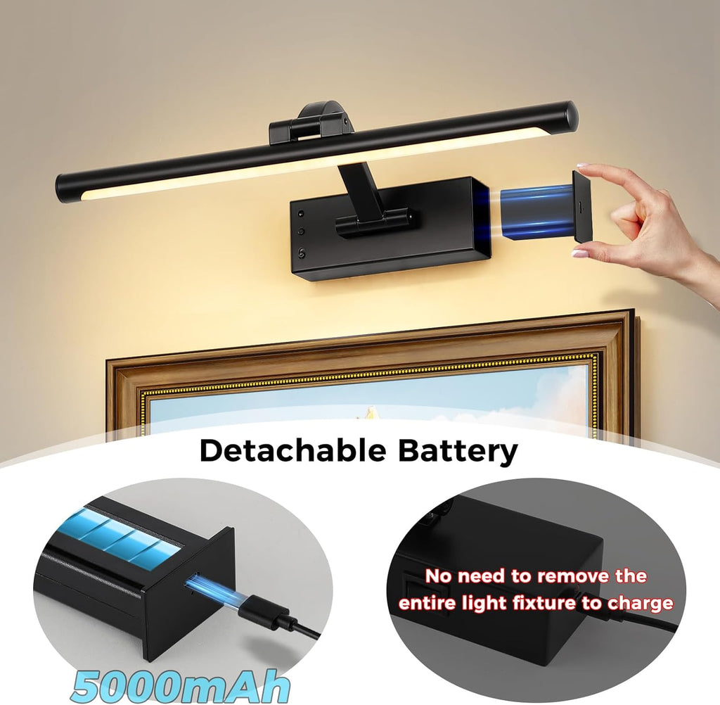 Picture Light Removable Battery Charging, 16in Wireless Art Light for Paintings, Dimmable 5000mAh Recharging Battery Picture Light with Remote Control for Pictures Display
