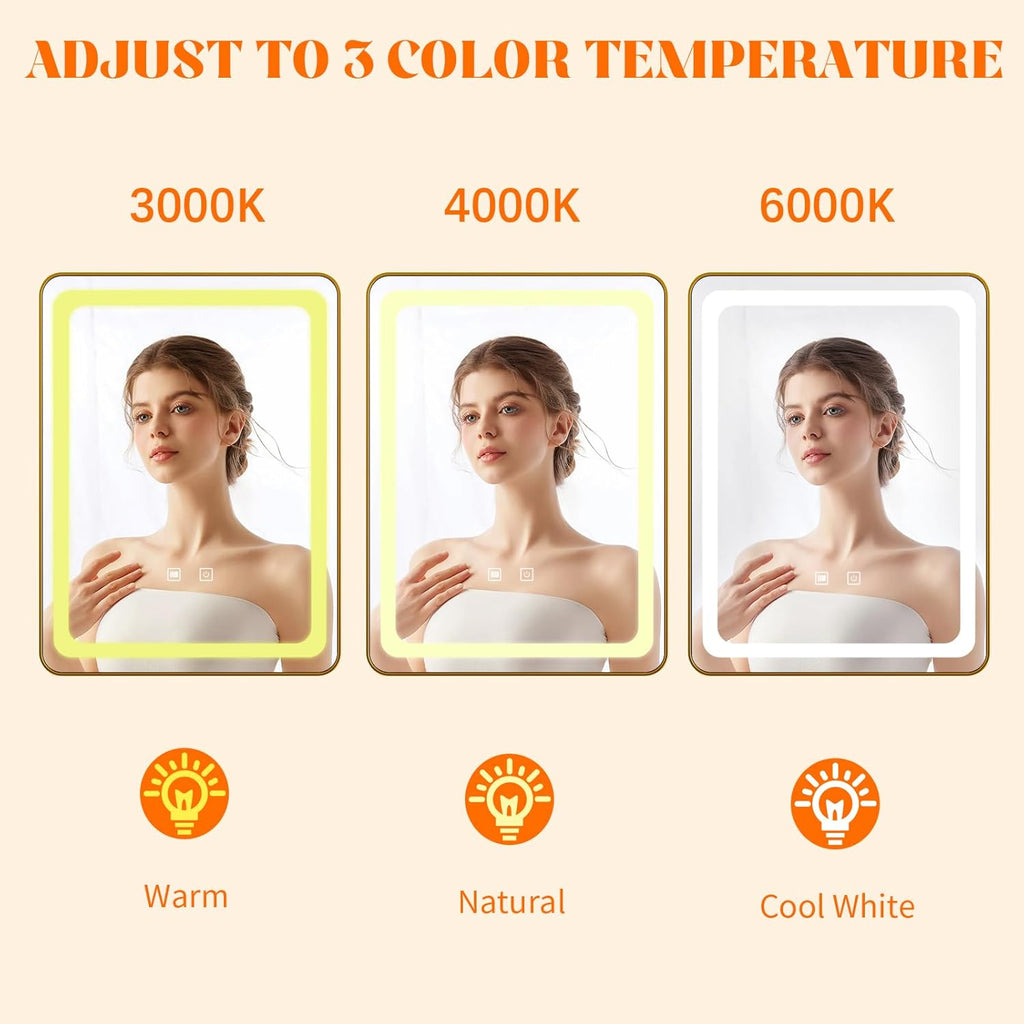 LED Bathroom Mirrors with Lights,24" x 36" Gold Square LED Mirror for Bathroom,Fogless,3 Colors Dimmable, Touch Sensor