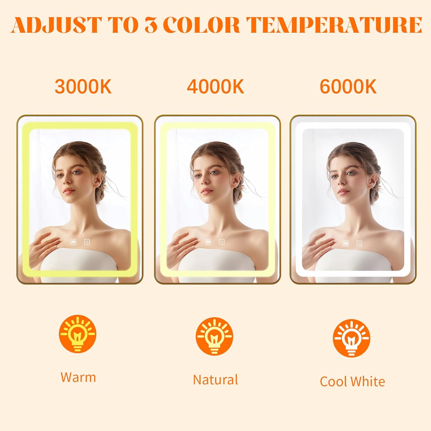 LED Bathroom Mirrors with Lights,24" x 36" Gold Square LED Mirror for Bathroom,Fogless,3 Colors Dimmable, Touch Sensor