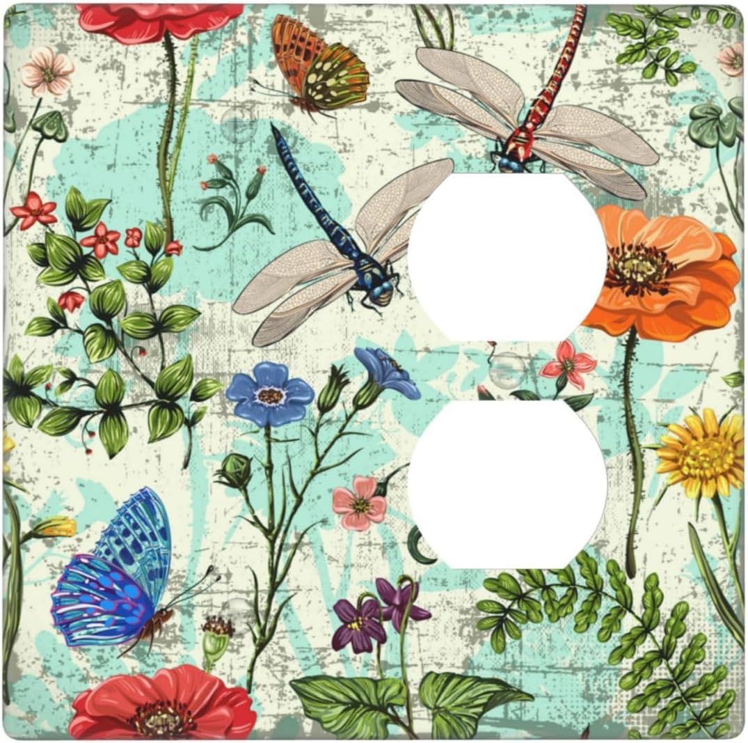 Dragonflies Flowers Butterfly 2 Gang 1 Outlet 1 Blank Outlet Light Switch Cover Decorative Wall Plate Cover For Home Living Bedroom Kitchen Decorative