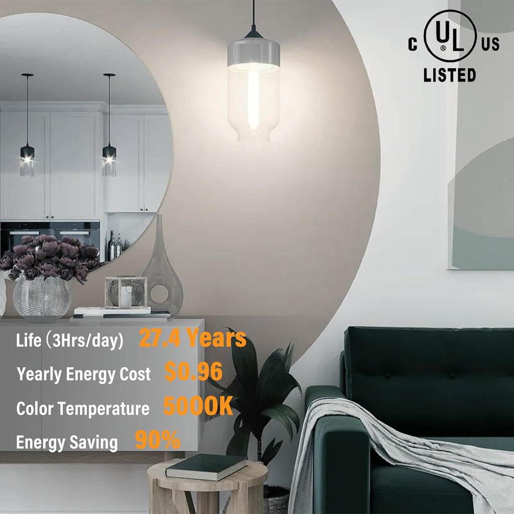 11.8IN 1000LM 5000K Daylight White Light Bulbs E26 Base, T10 T9 Edison Bulbs Dimmable 8W, AC 120V 100 Watt Equal Filament Bulb, Vintage Clear Glass Long Tubular LED Bulb, UL Listed - 2Pack