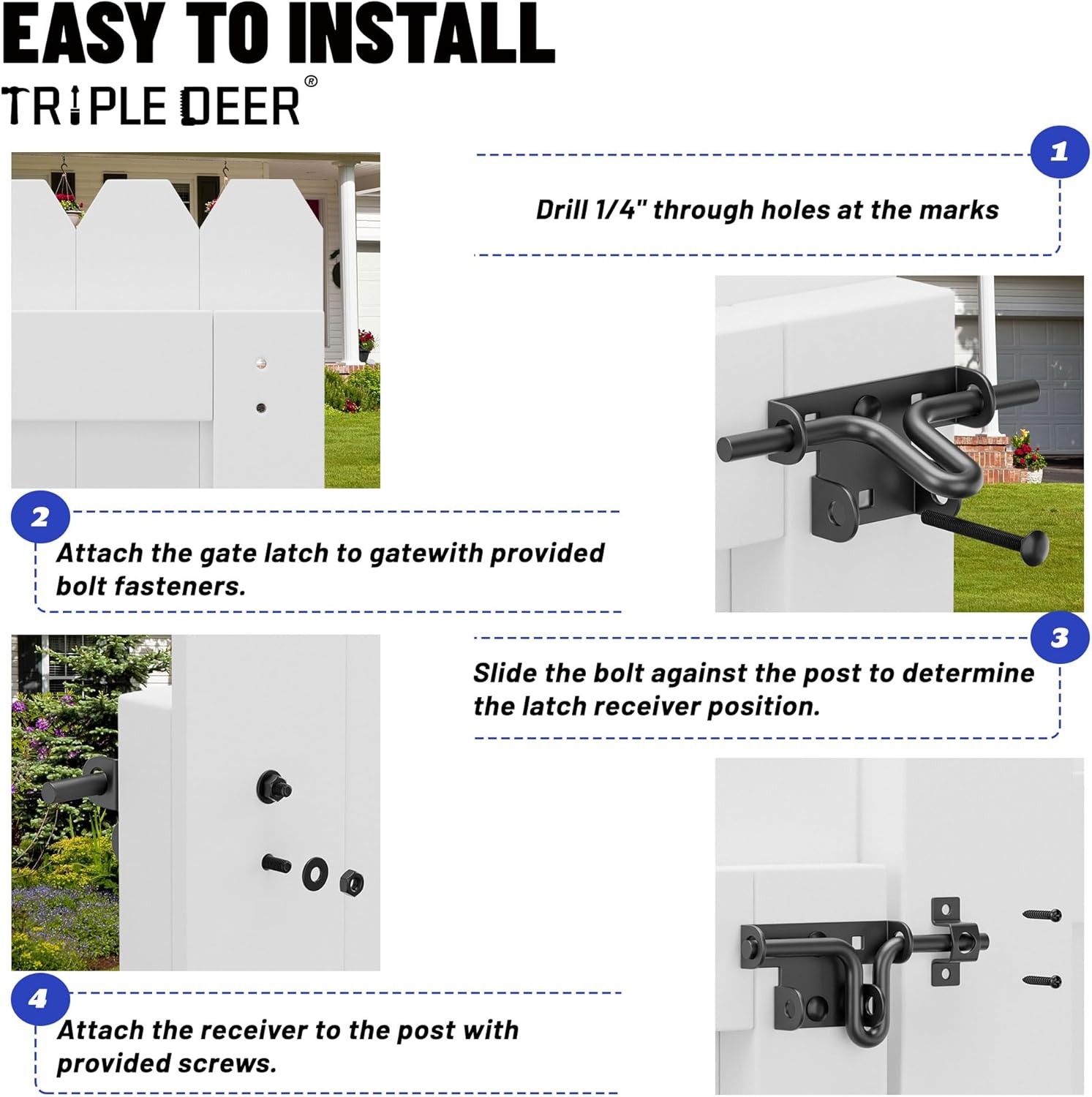 TRIPLE DEER Heavy Duty Sliding Bolt Gate Latch with Padlock Hole & Carriage Bolt, Slide Bolt Hardware for Wooden Fence/Yard Fence/Shed Door/Barn Door, Black, 2 Pack