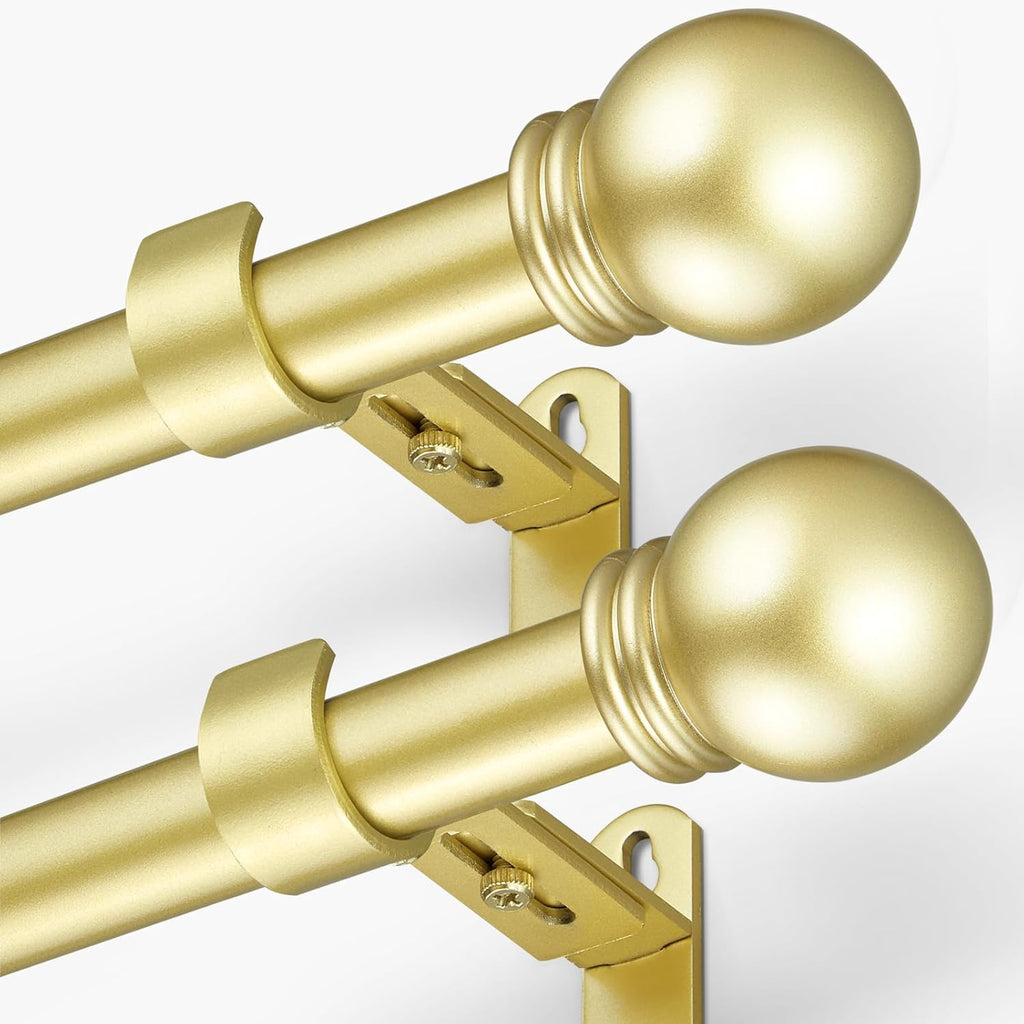 Curtain Rods for Windows 16 to 136 Inches, Curtain Rod Max Adjustable Length of 144 IN, 1" Diameter Drapery Rods Round Finials, Warm Gold, Pack of 2