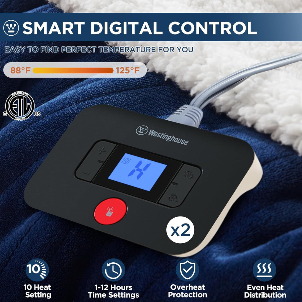 Westinghouse Electric Blanket King, Heated Blanket King Size with 10 Heating Levels and 1 to 12 Hours Heating Time Settings, Flannel to Sherpa Reversible, Machine Washable (90" x 100", Navy)