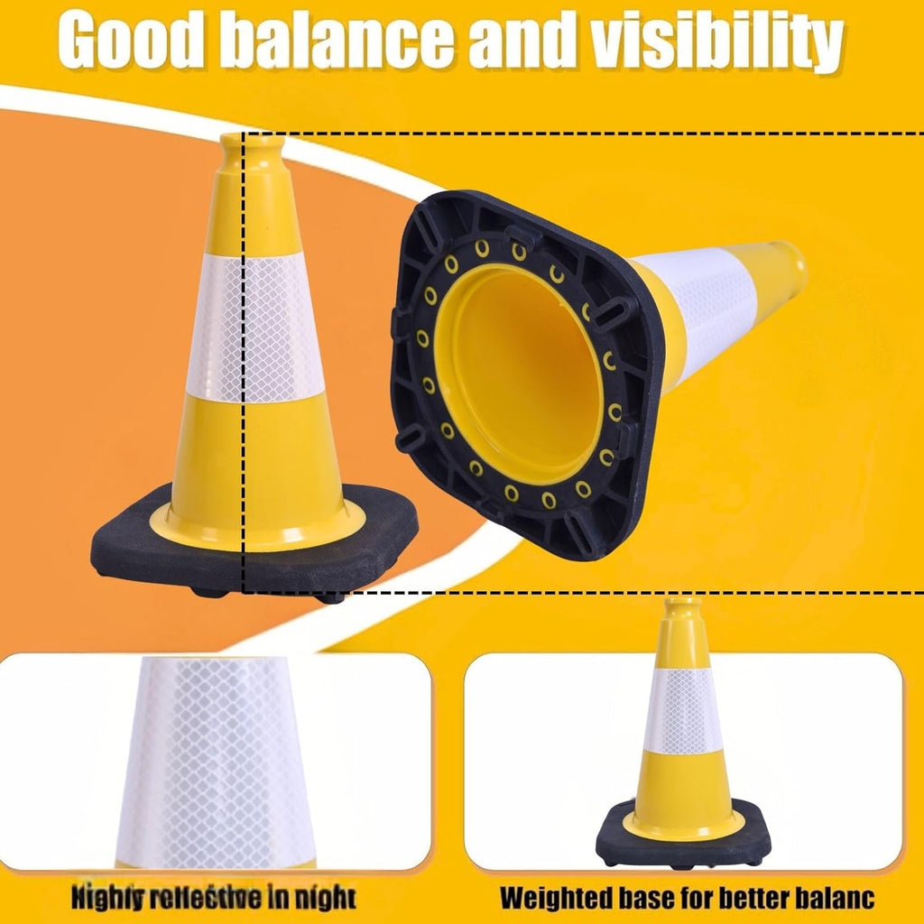 BESEA 6Pack 12 Inch Yellow Traffic Cones with 4 Inch Reflective Collar, Heavy Duty PVC Safety Cones with 8.5 x 8.5 Inch Base for Parking, Driving Practice, Sports Training, and Construction