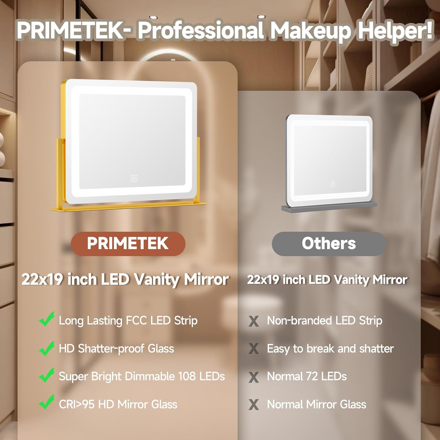 PRIMETEK Vanity Mirror with Lights, 22"x19" Large Makeup Mirror with Lights, Hollywood LED Lighted Makeup Mirror, Touch Sensor with 3-Color Lighting, Dimmable for Vanity Desk Tabletop, Bedroom, Gold
