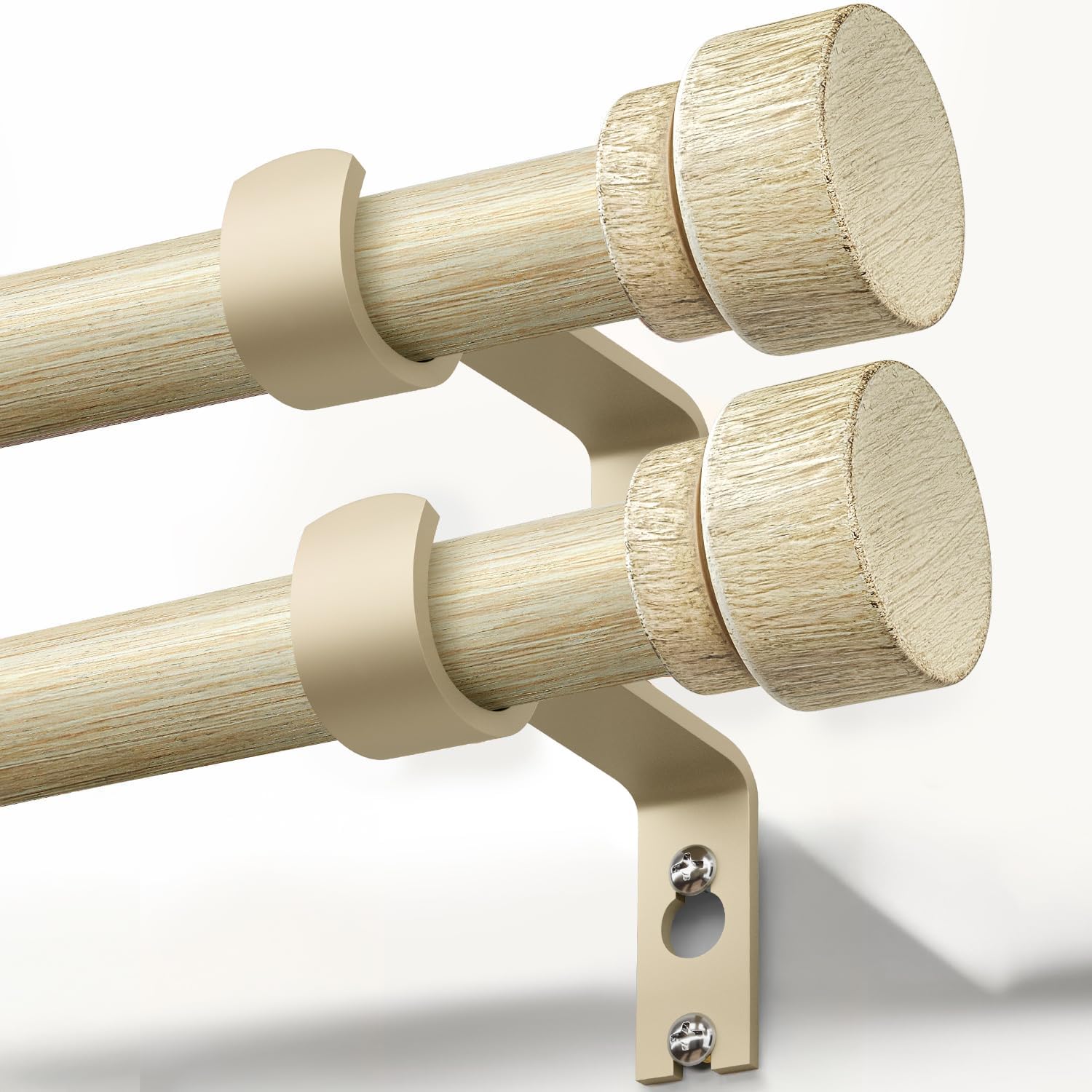 2 Pack White Oak Wood Grain Curtain Rods for Windows 28 to 48 Inches 1" Diameter Boho Decorative Heavy Duty Window Curtain Rod Adjustable with Solid Finials for Living Room Bedroom Kitchen Farmhouse
