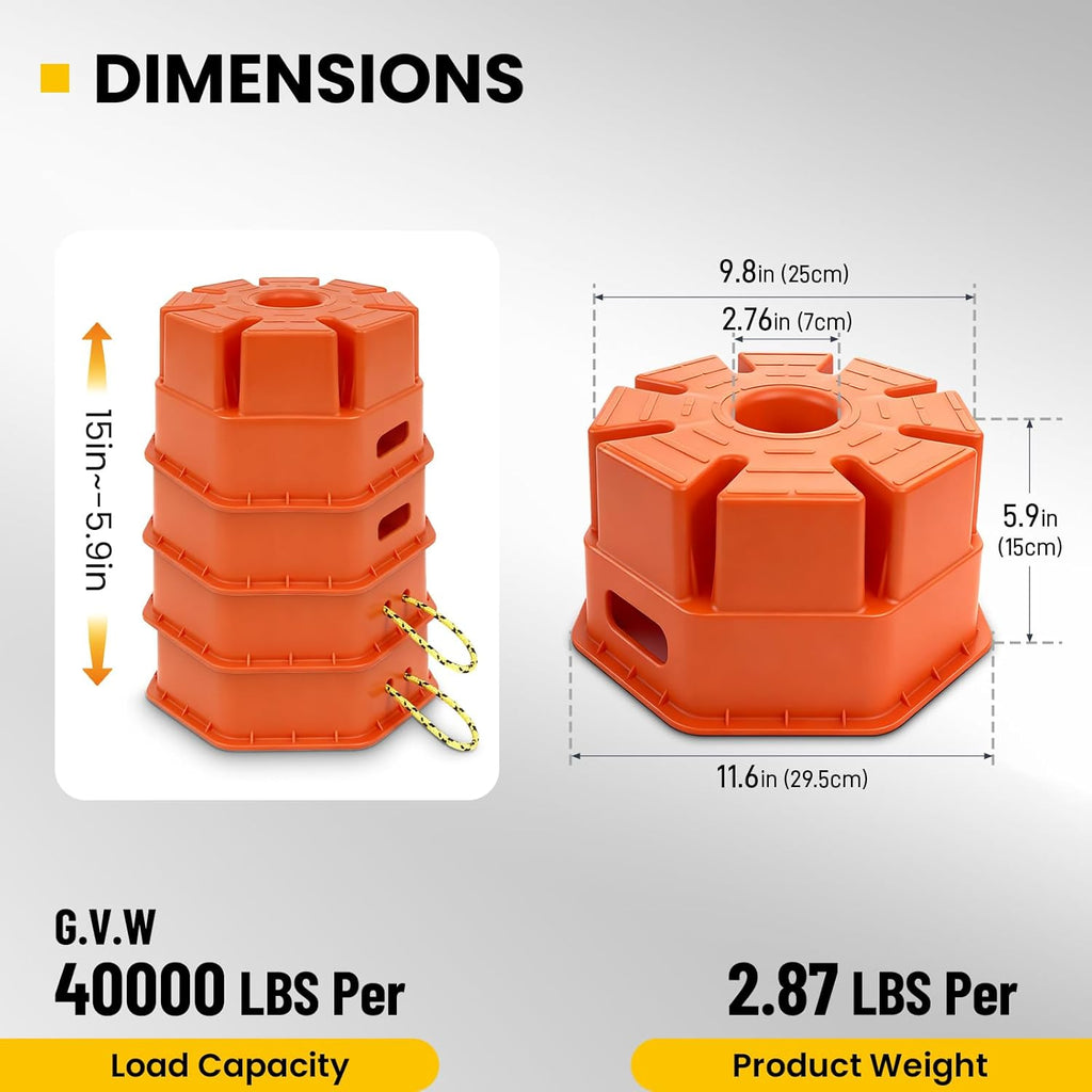 6" H Trailer Jack Block 4 Pack with Bag, 40000 lbs Capacity per Camper RV Stabilizer Blocks for Any Tongue Jack, Post, Foot, Round Square or Scissor Stabilizer, Stackable & Portable, Orange