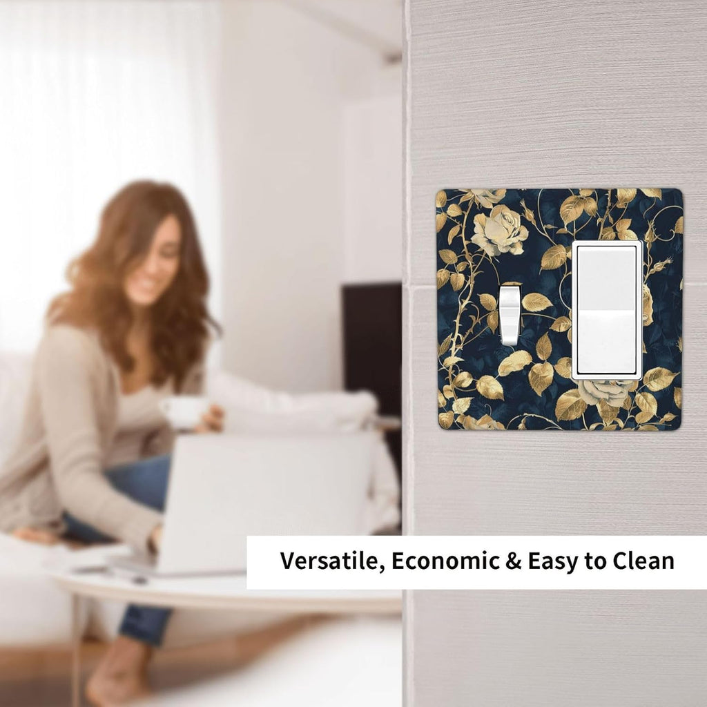 Outlet Covers Boho Vintage Floral Golden Flower Dark Blue Background 1 Toggle 1 Rocker Combination Decorative Wall Plate Electrical Switch Plates Light Switch Cover Plate for Bedroom