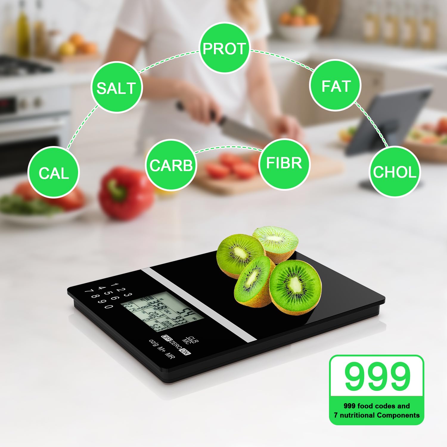 5000g Smart Nutrition Scale, Kitchen Scale with Food Code, Food Scale for Meal Prep, Portion Control, Baking, Weight Loss, 4 Units, Tare Function, Batteries Included