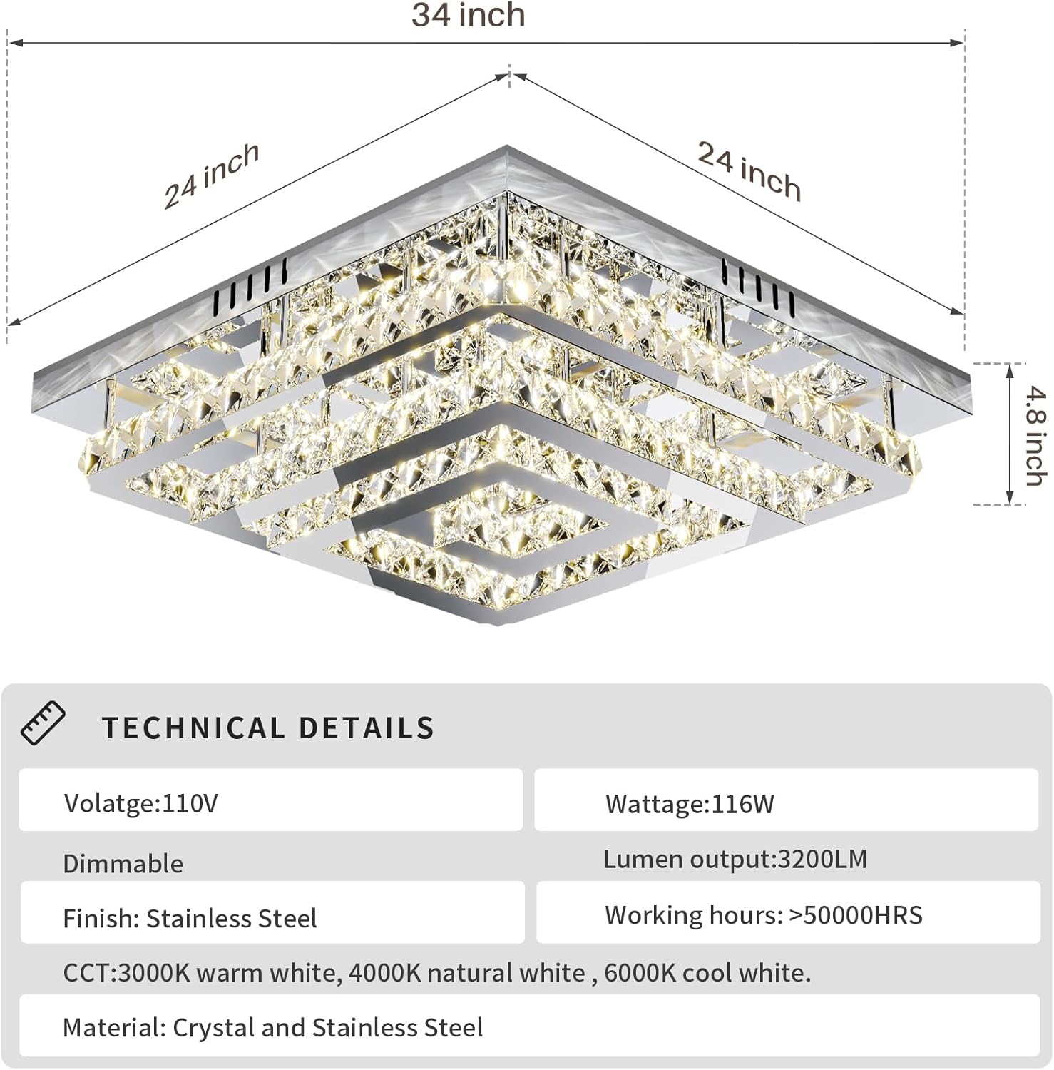 34" Modern Crystal Chandelier with Remote/App Control, Dimmable Flush Mount Ceiling Light Fixture, 3-Color Temperature, Led Ceiling Lamp for Living Room Bedroom Kitchen Dining Room Entryway