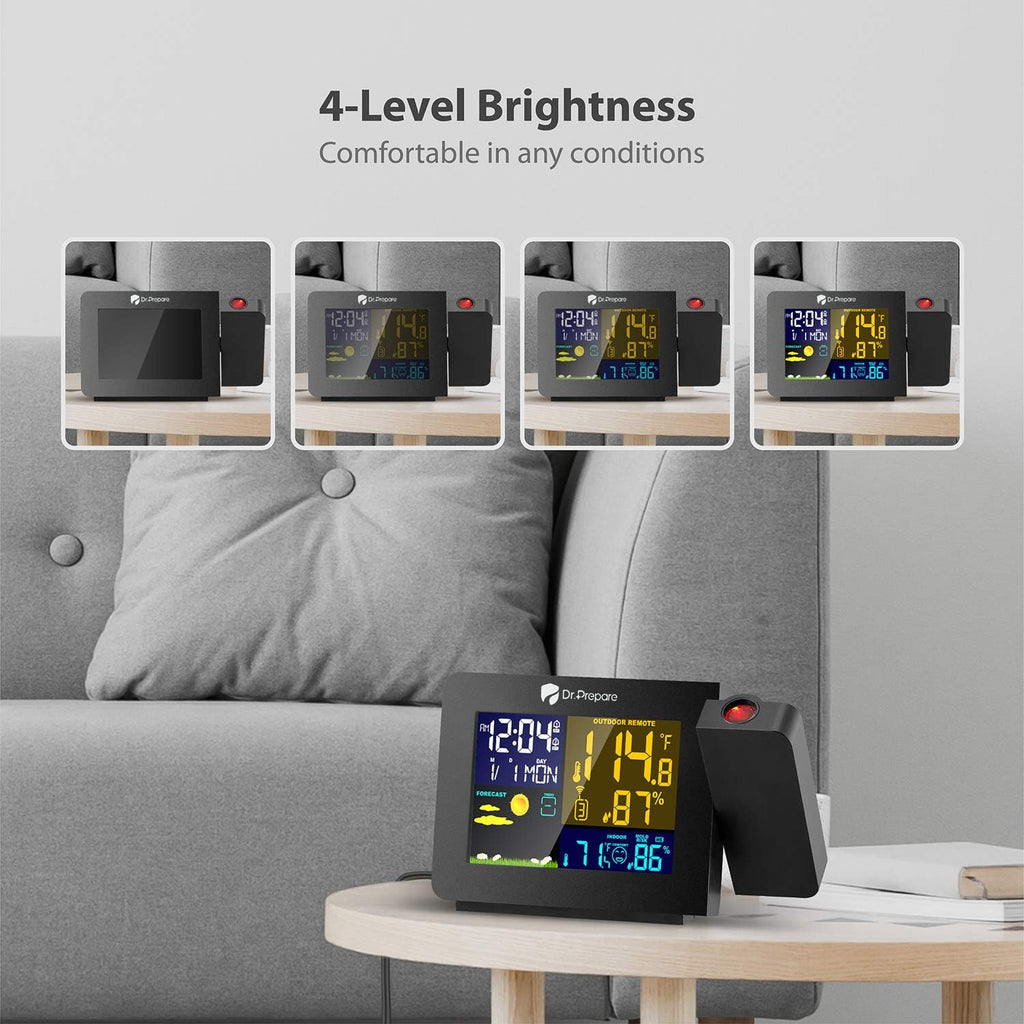 DR.PREPARE Projection Alarm Clock, Indoor Outdoor Temperature Display, Dual Alarms, Snooze, Weather Forecast, Digital Clock Projector for Bedroom