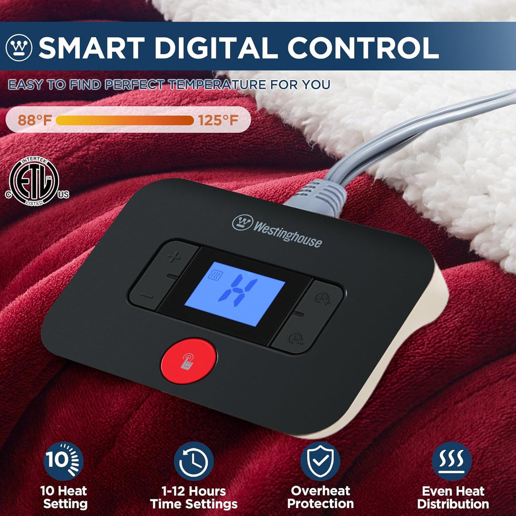 Westinghouse Electric Blanket Full, Heated Blanket Full Size with 10 Heating Levels and 1 to 12 Hours Heating Time Settings, Flannel to Sherpa Reversible, Machine Washable (80" x 84", Red)