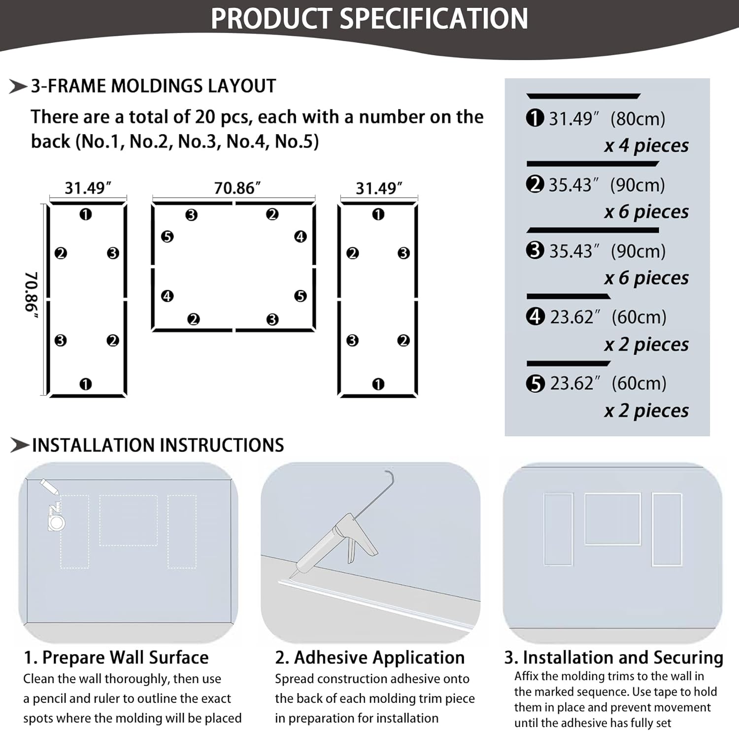 Bedroom Premade Accent Wall Molding Kit, Ready-to-Assemble Wainscoting Panels, Pre-Cut Chair Rail Moulding Trim for Living Room Home Décor
