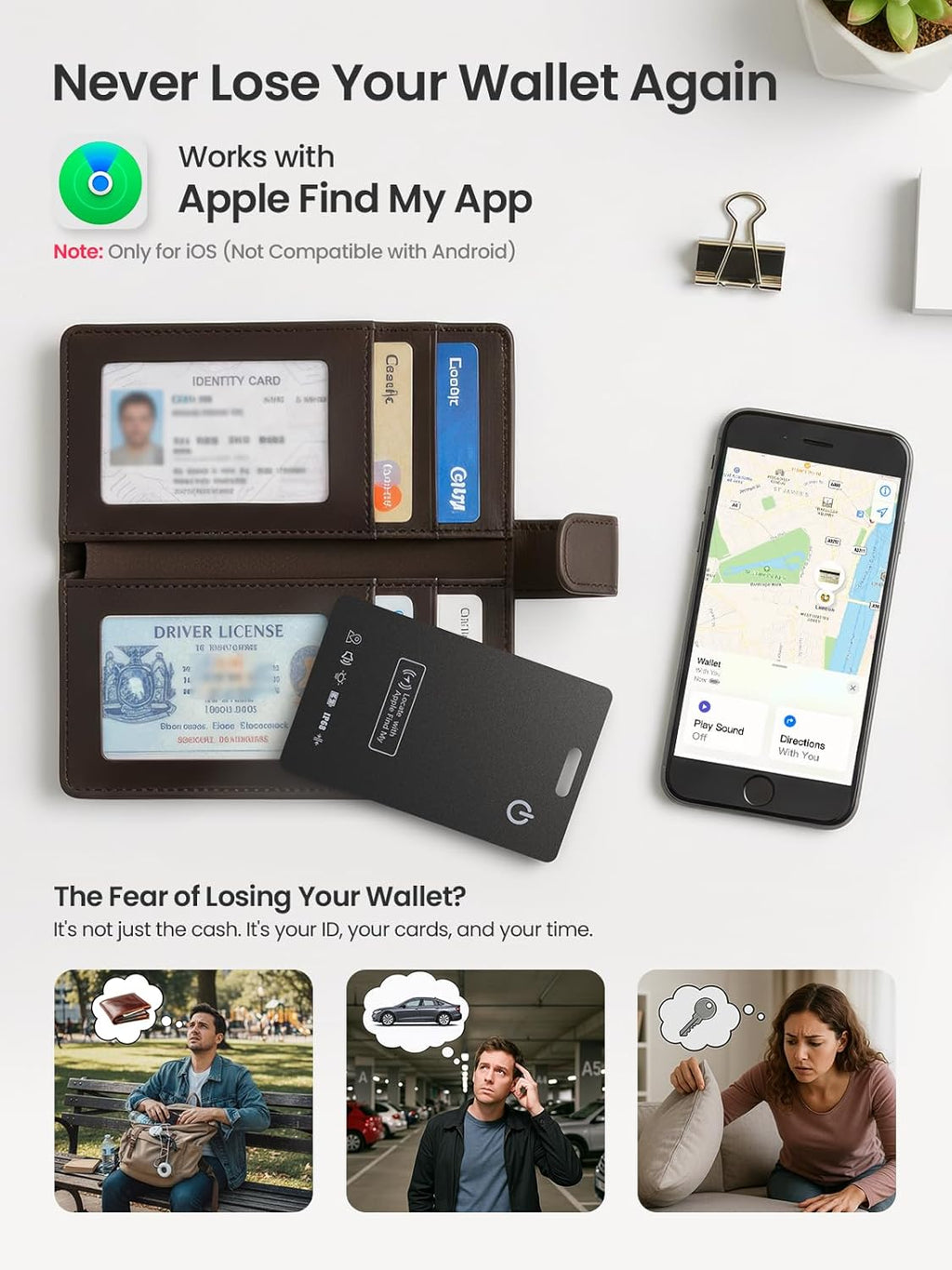 Wallet Tracker Card – Works with Apple Find My [Apple MFi Certified, iOS Only], Slim 1.65mm Bluetooth Item Finder, IP68 Waterproof, Wireless Rechargeable GPS Locator for Wallet, Keys & Luggage
