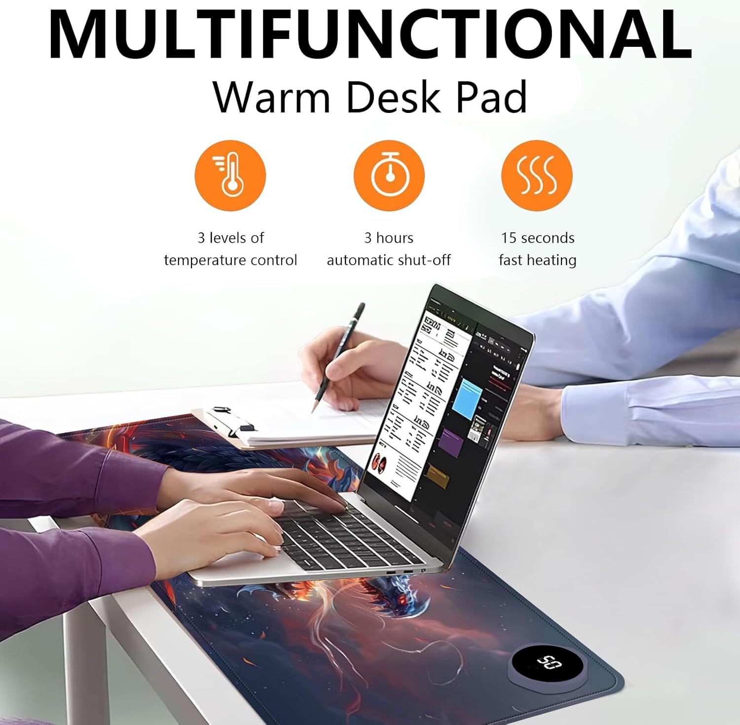 Heated Mouse Pad with 3 Levels Heated & 3 Hours Auto Shut-Off Mouse Pad for Warming Hands in Office Home, 23.6" x 14.2"Large Safe Desk Mat Hand Warmer，Watercolor Dragon