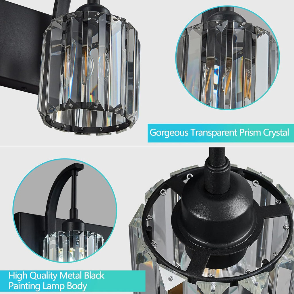 Bathroom Crystal Vanity Lights 2-Light Black Wall Lamp Modern Crystal Bathroom Light Fixtures Over Mirror 13.77" Long Wall Sconce