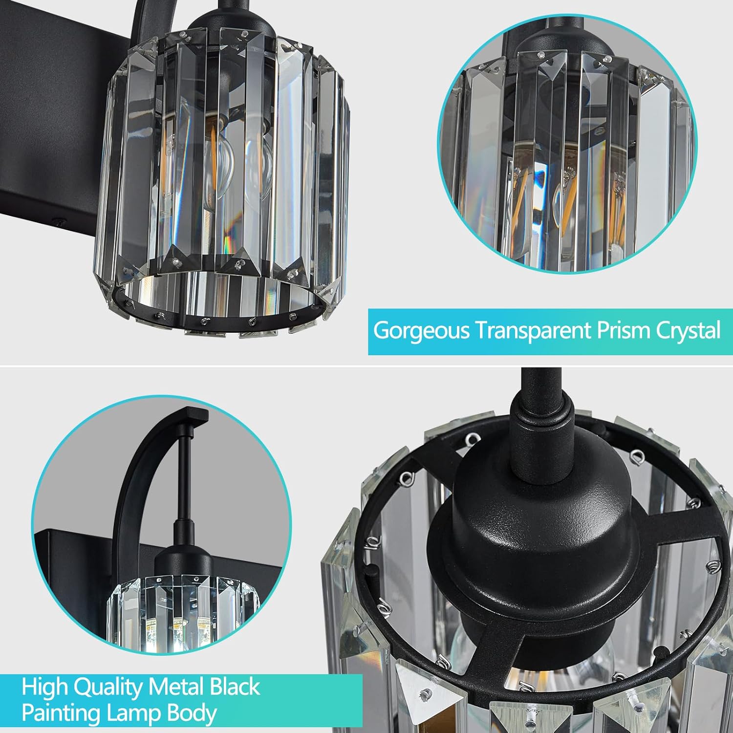 Bathroom Crystal Vanity Lights 2-Light Black Wall Lamp Modern Crystal Bathroom Light Fixtures Over Mirror 13.77" Long Wall Sconce