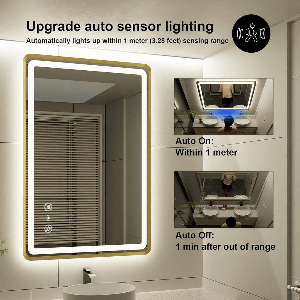 24x36 Inch Gold Framed LED Bathroom Mirror, Smart Bathroom Mirror with Motion Sensor Lights, Anti Fog, Stepless Dimmable & 3 Colors Temperature Adjustment, LED Vanity Mirror for Wall