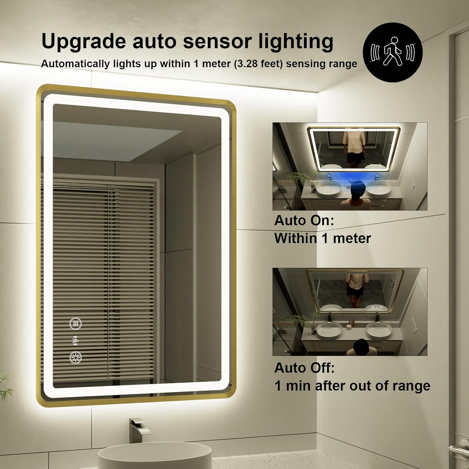 24x36 Inch Gold Framed LED Bathroom Mirror, Smart Bathroom Mirror with Motion Sensor Lights, Anti Fog, Stepless Dimmable & 3 Colors Temperature Adjustment, LED Vanity Mirror for Wall