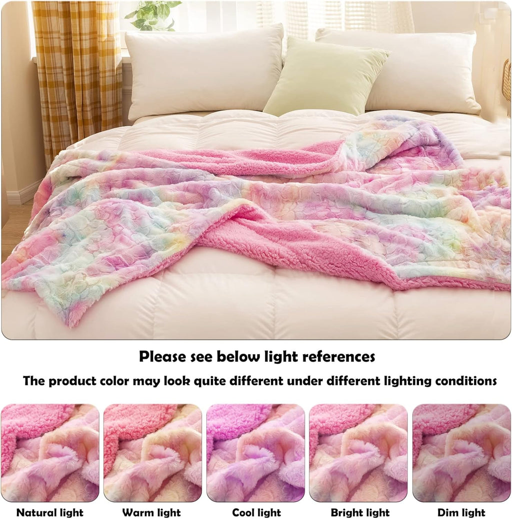 NEWCOSPLAY Super Soft Faux Fur Blanket Twin Size Light Rainbow Sherpa Fuzzy Plush Warm Blanket for Sofa Bed (Light Rainbow, Twin(60"x80"))