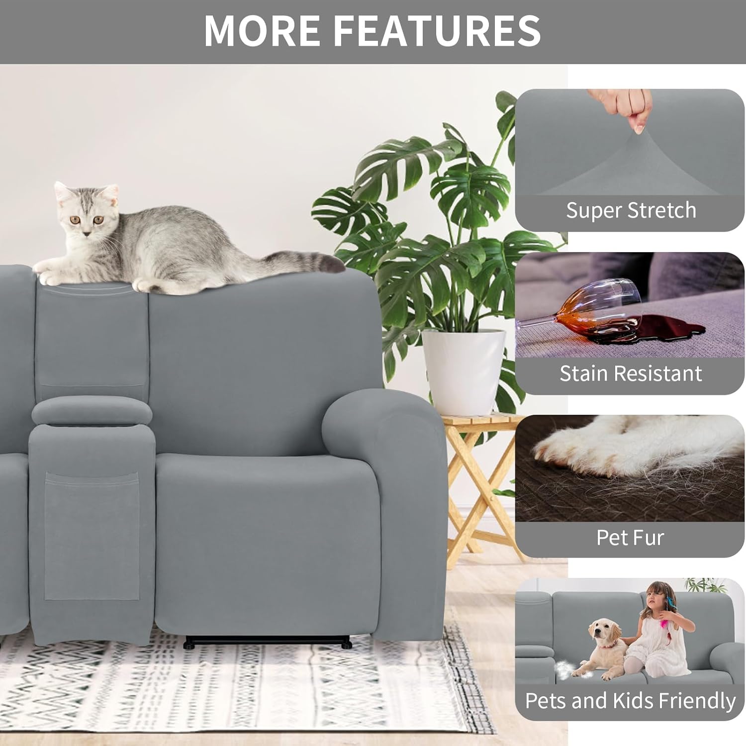Easy-Going 100% Waterproof Recliner Cover, Stretch Couch Covers for Reclining Couches, Extra Large Sectional Sofa Slipcover, L-Shape Furniture Protector for Kids & Pets, 5 Seater, Light Gray