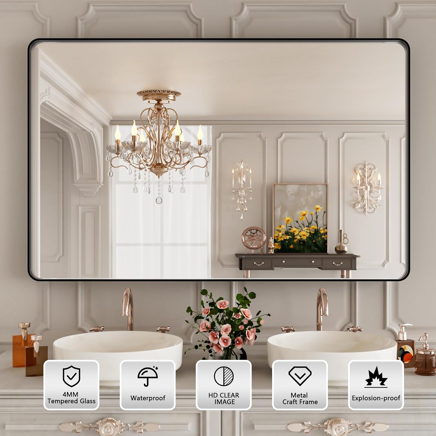 48x30 Inch Black Bthroom Mirror,Black Metal Frame Vanity Mirror,Rounded Rectangular Matte Black Wall Mirrors,Tempered Glass,Anti-Rust,Horizontal or Vertical