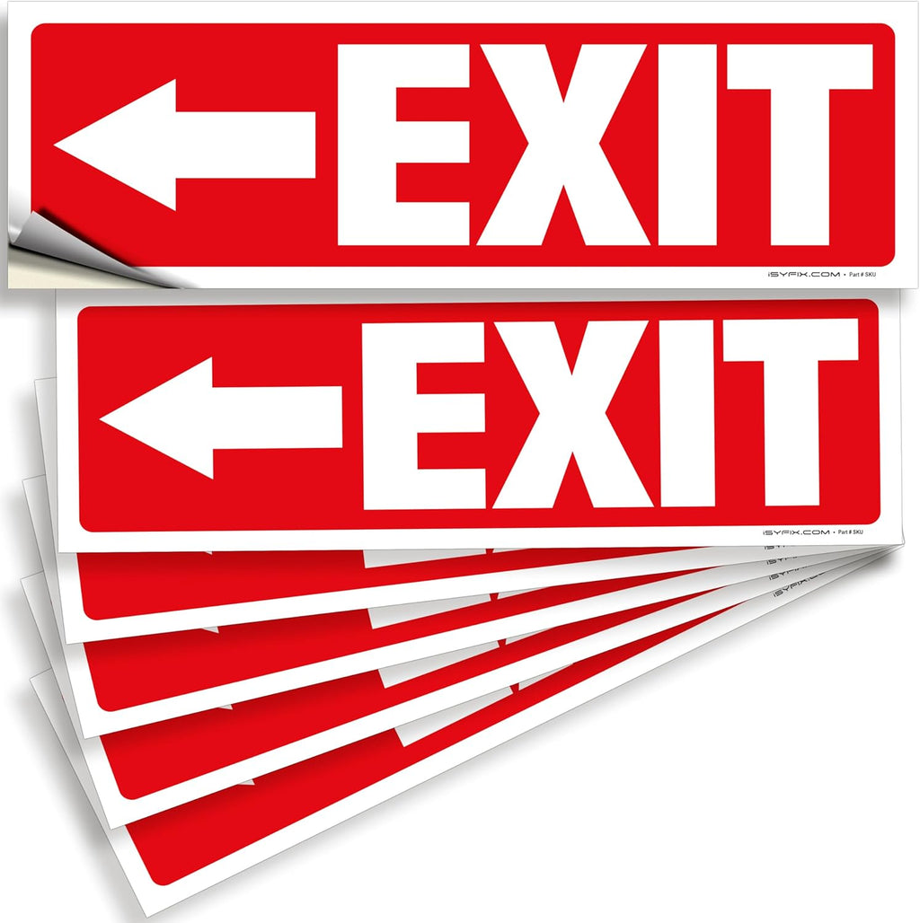 iSYFIX Exit Signs Stickers 6 Pack 12x4 Inch - Laminated Premium Vinyl Directional Left Arrow Signs for Buildings, Office, Workplace, Stores, Schools, Theaters, Parking, Restaurants, Factories