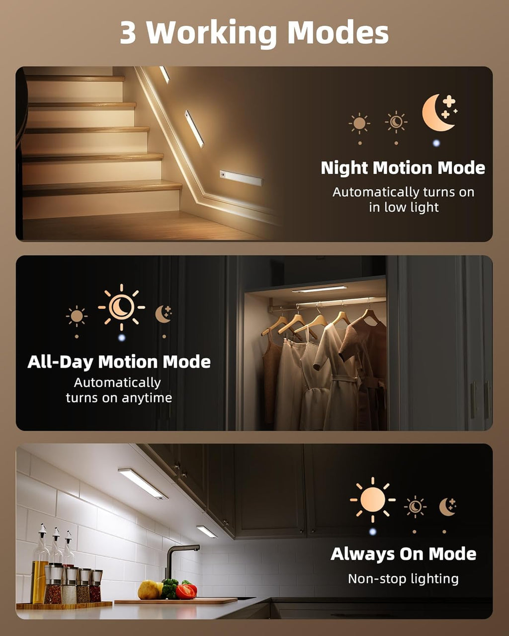 EZVALO 4-Pack Under Cabinet Lights, 2300mAh Rechargeable Motion Sensor Light Indoor, Wireless Closet Lights Battery Operated, with 3 Color Temps, Dimmable, Magnetic, for Kitchen, Stair, Pantry(8inch)