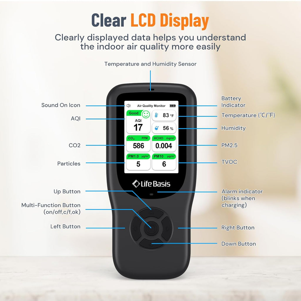 LifeBasis Air Quality Monitor Indoor, 11-in-1 Air Quality Detector with Stand, Real-Time Air Meter Test AQI, PM1.0, PM2.5, PM10, CO2, TVOC, HCHO, Particles, Temperature and Humidity, Dual Alert -Black