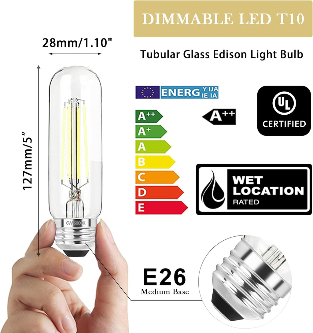 5 Inch Edison Bulb, 6000K Cool White E26 Led Bulb 6W Dimmable, 800LM T10 T9 Clear Glass Tubular Light Bulbs, AC 120V Equal 80 Watt Bulbs for Chandelier Pendant Wall Light - 6Pack