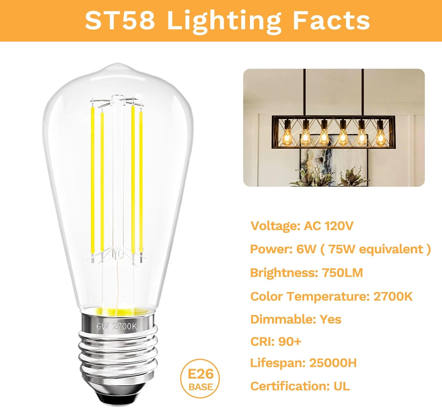 Edison Bulbs E26 Medium Base 2700K Soft White, 750LM ST58 Vintage LED Filament Bulb Clear Glass, Equivalent 75W Dimmable Lights Bulb 90+ CRI for Chandeliers, Pendants, Wall Sconces, 9 Pack