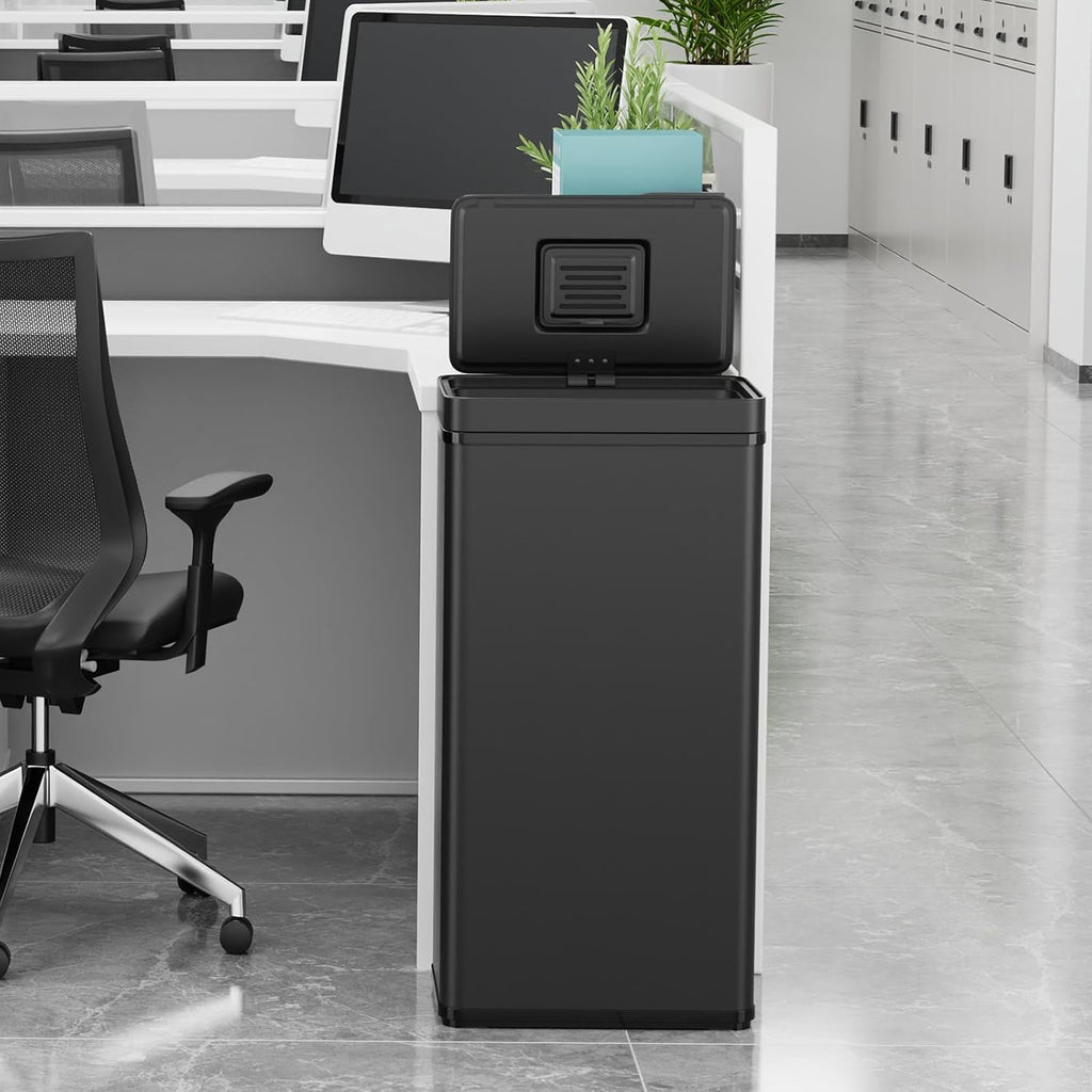 70L / 18.5 Gallon Smart Automatic Trash Can with Deodorizer Compartment, Stainless Steel Body and Mute Sensor Lid for Kitchen Office Living Room and More, Assemble Large Capacity Garbage Can - Black