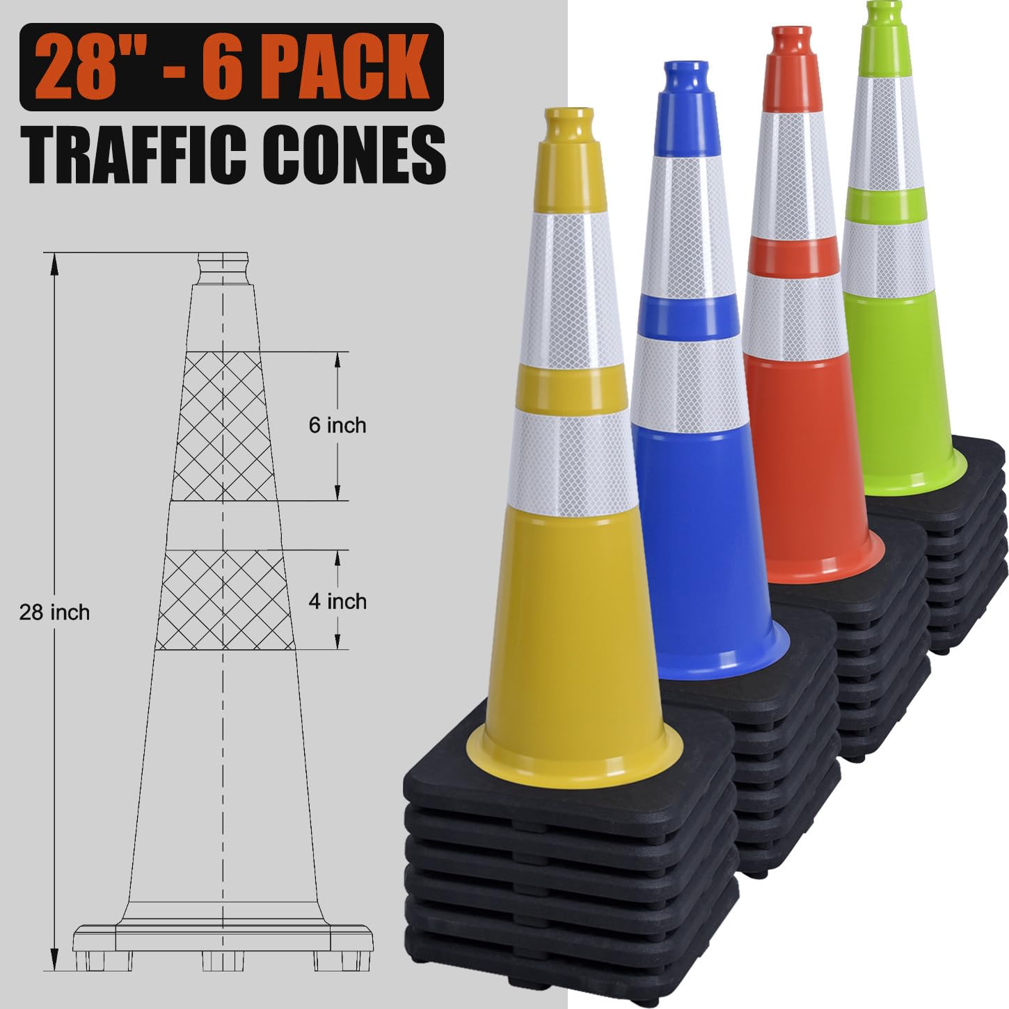 6 Pack 28" Inch Large PVC Traffic Cones with Heavy-Duty Black Base, High-Visibility All-Weather Safety Cones for Road Construction, Parking Lot, Garage Use (6, Orange, 28" Large)