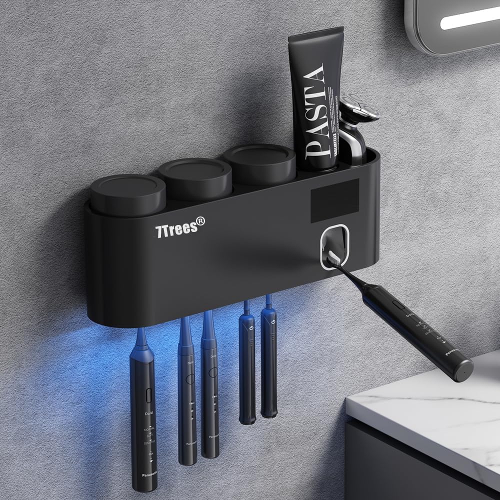 Toothbrush Sanitizer, Self Adhesive Toothbrush Holder with 3 Cups, Automatic Toothpaste Squeezer Dispenser Bathroom Accessories Set (Black)