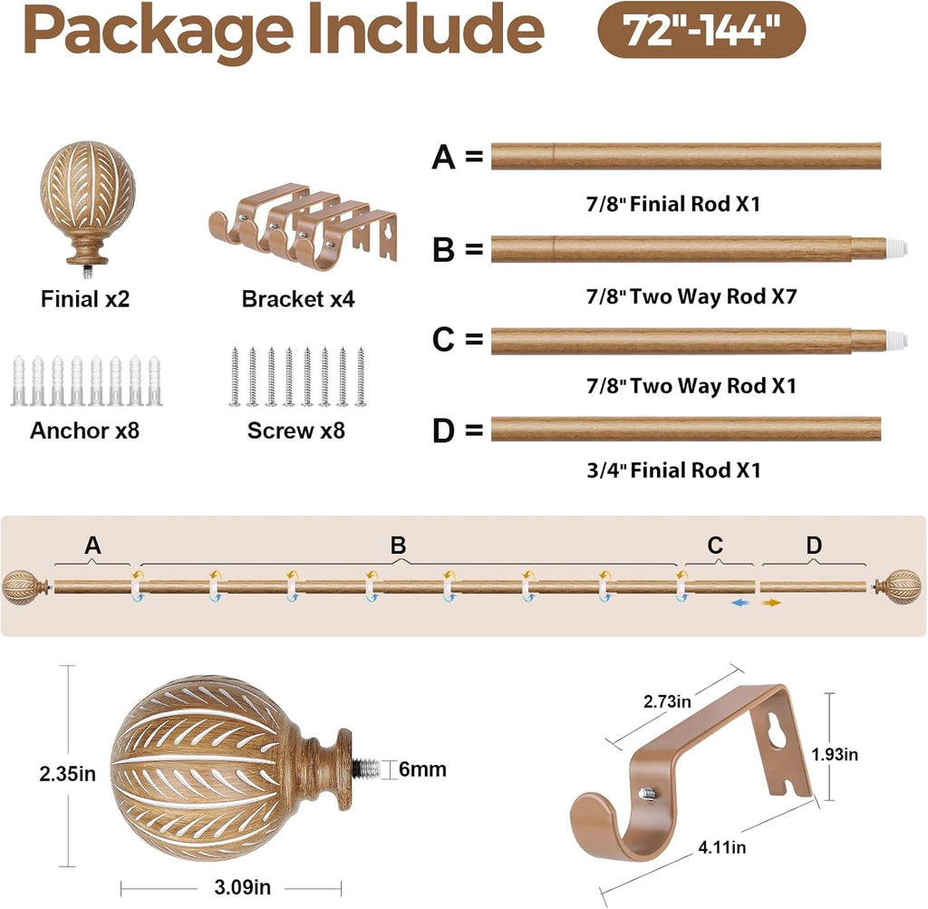 KAMANINA Wood Curtain Rods for Windows 72 to 144 Inch(6-12ft), 1 Inch Adjustable Drapery Rod, Decorative Heavy Duty Curtain Rods with Leaf Pattern Finials, Wood Grain