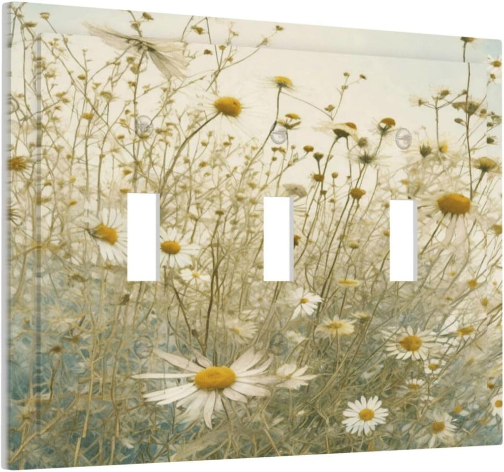 White Wildflowers Daisy Vintage Floral Decorative Switch Plates 3 Gang Wall Plate Triple Toggle Light Switch Cover Faceplate Electrical Wall Panels for Bed Room Living Room Decor