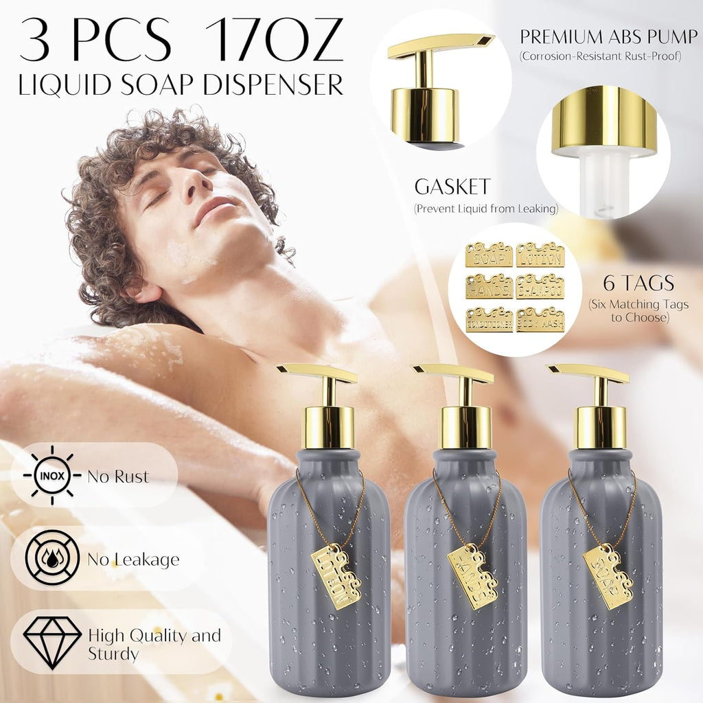 32PCS Bathroom Accessories Set Bathroom Set,Grey Shower Curtain Set,Bath Towel Set,Hand Towel,Toilet Brush,Trash Can & 3PCS Soap Dispenser