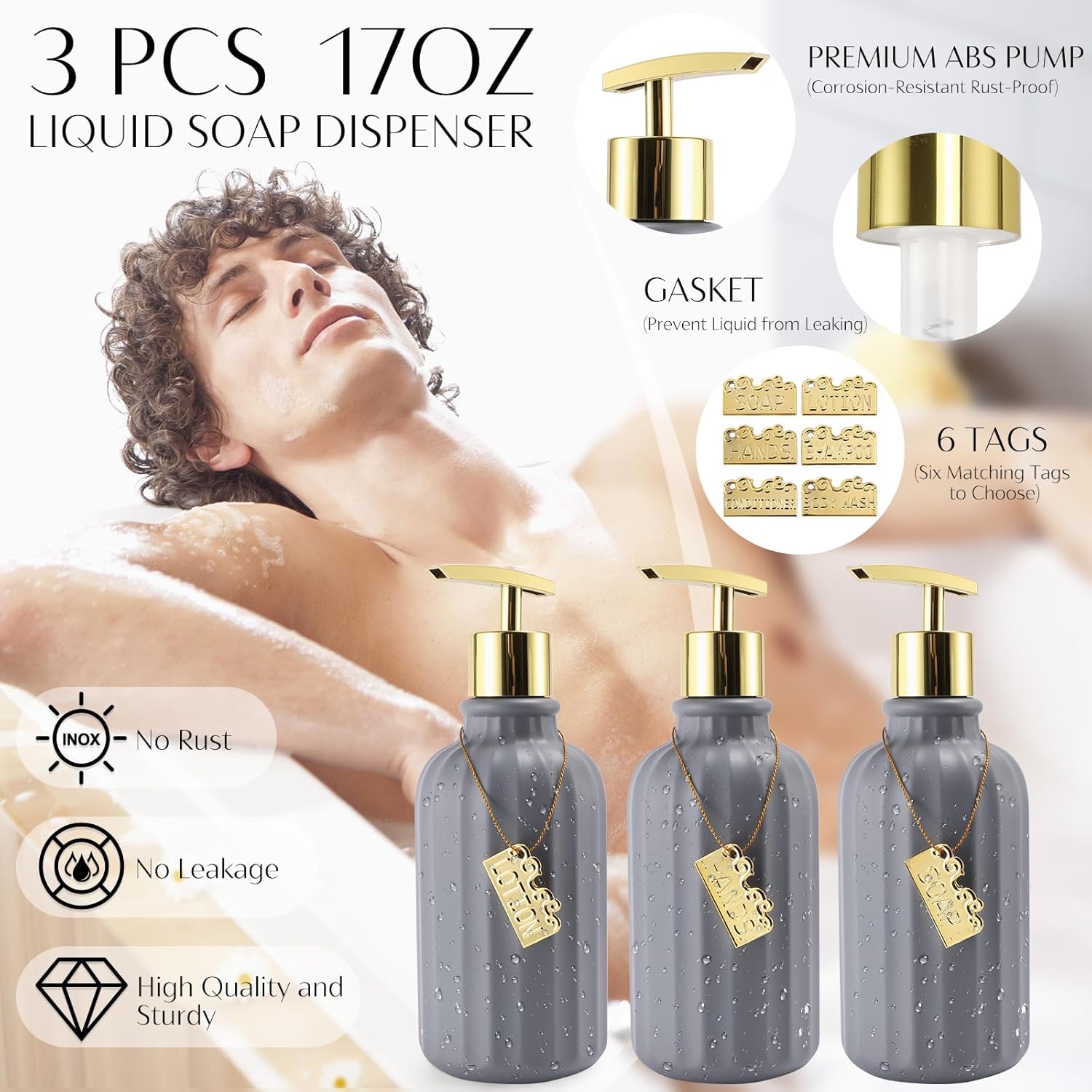 17PCS Bathroom Accessory Set Bathroom Set Grey Bathroom Accessories,Toilet Brush,Trash Can, Qtip Holder Dispenser& 3PCS Soap Dispenser