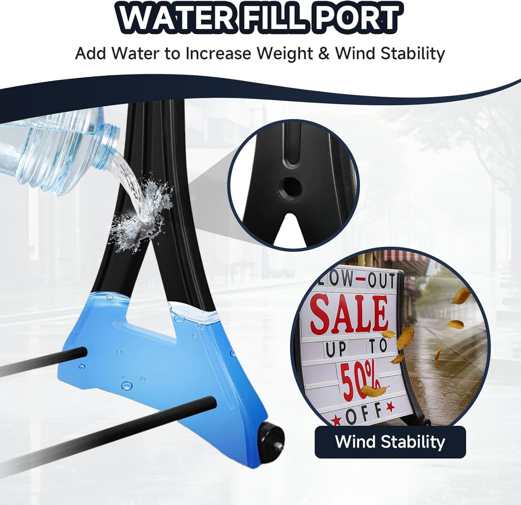 24"x39" Changeable Message Board Sidewalk Sign, Standard Portable A-Frame Sign & Letter Kit for Outdoor,Business, Large Black Standing Frame with Wheels, Water-Fillable and Wind-Resistant