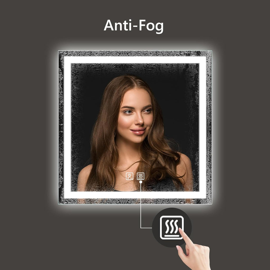 APRILSOUL 30x30 Inch LED Bathroom Mirror with Front and Backlit, Makeup Mirror with 3 Color Lights, Memory Function, Anti-Fog and Dimmable Light (Horizontal)