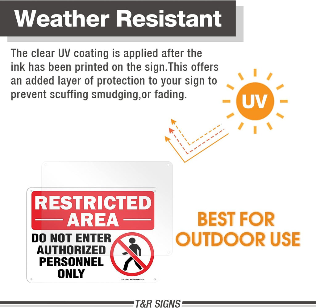 Restricted Area Do Not Enter Authorized Personnel Only Sign - 2 Pack - 10 x 7 Inches Rust Free .040 Aluminum - UV Protected, Waterproof, Weatherproof and Fade Resistant - 4 Pre-drilled Holes
